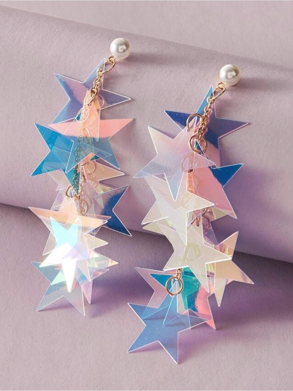 Iridescent Star Dangle Earrings with Pearl Posts